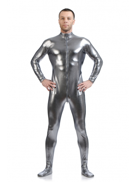 Dark Silver Fornt Zipper Zentai Shiny Metallic Tight Zentai Suit - Click Image to Close