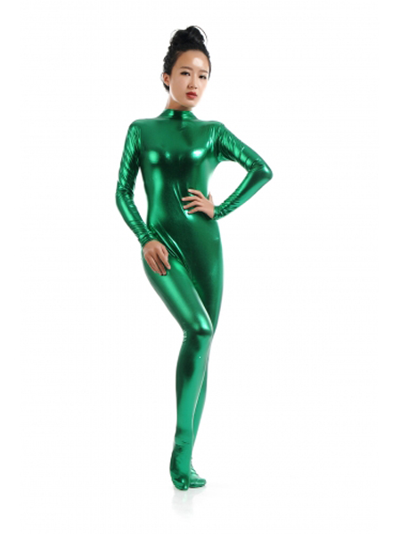 Green Female Shiny Metallic Tight Zentai Suit Catsuit - Click Image to Close