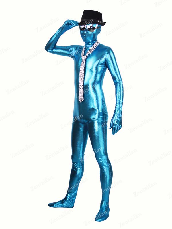 Blue Shiny Metallic Fullbody Zentai Suit With Eyes