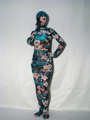 Multicolour Blue Flowers Pattern Unisex Silk Zentai Suit