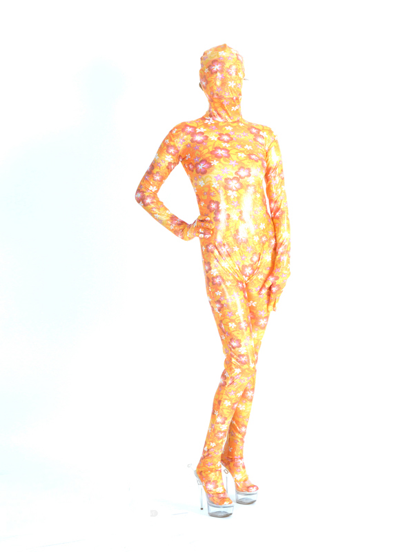 Orange Flowers Printed Metallic Fullbody Zentai Suit