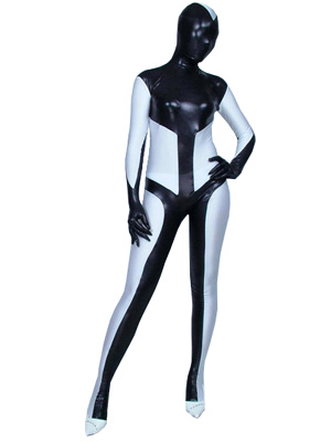 Sexy Black And White Shiny Metallic Unisex Zentai Suit - Click Image to Close