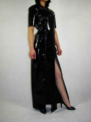 Short Sleeves Black PVC Front Open Long Dress Zentai - Click Image to Close