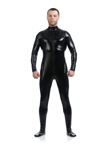 Black Fornt Zipper Zentai Shiny Metallic Zentai Suit