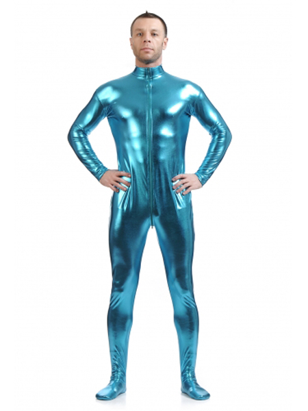 Blue Fornt Zipper Zentai Shiny Metallic Tight Zentai Suit