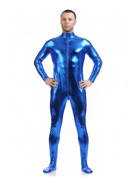 Dark Blue Fornt Zipper Zentai Shiny Metallic Tight Zentai Suit