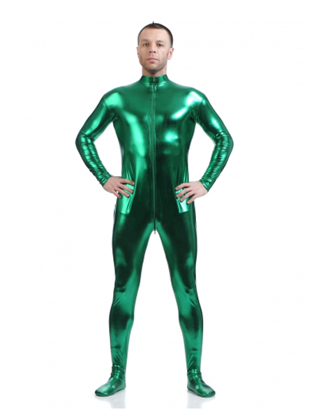 Green Front Zipper Male Shiny Metallic Tight Zentai Catsuit - Click Image to Close