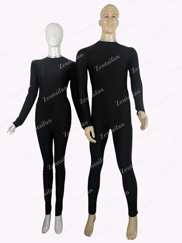 Black Multicolor Lycra Zentai Suit With Silver Neck