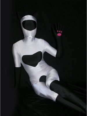 Black & White Lycra Spandex Fullbody Zentai Catsuit