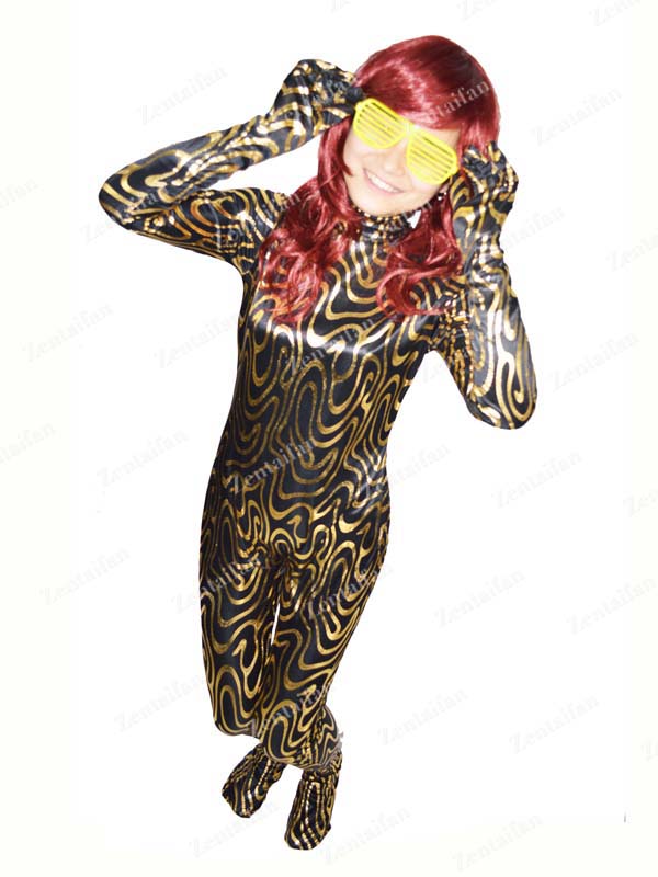 Gold And Black Printed Metallic Zentai Suit