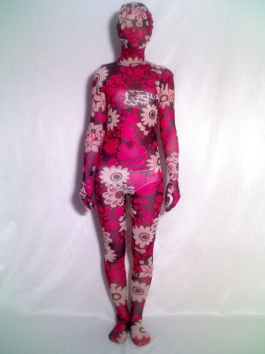 Multicolor Red Flowers Pattern Unisex Silk Zentai Catsuit