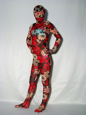 Multicolour Red Flowers Pattern Unisex Silk Zentai Suit