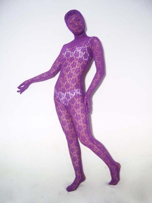 Purple Fullbody Flowers Patterned Transparent Unisex Zentai Catsuit