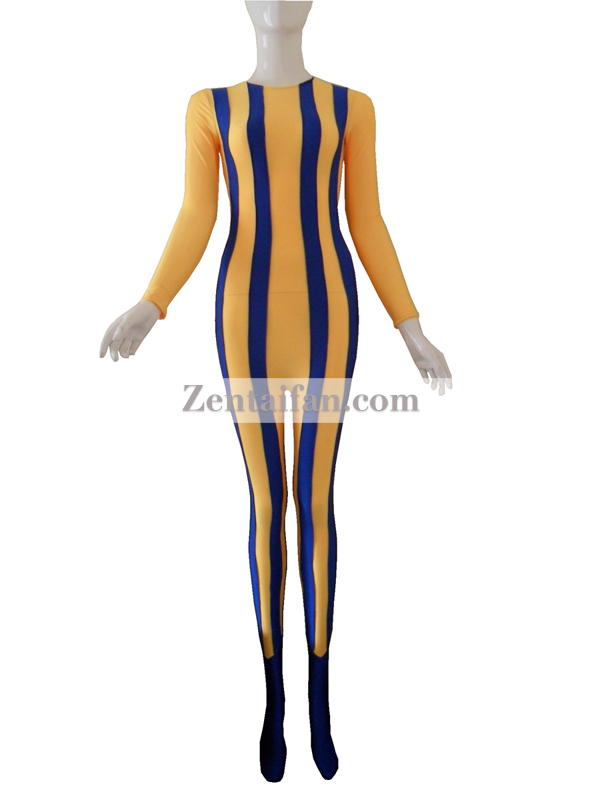 Round Collar Orange & Blue Stripes Spandex Zentai Suit