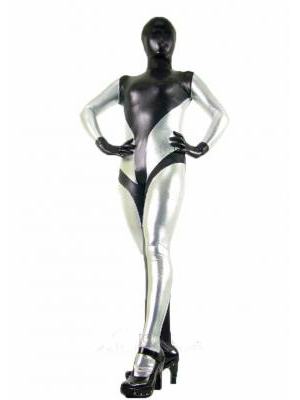 Sexy Silver and Black Shiny Metallic Unisex Zentai Suit