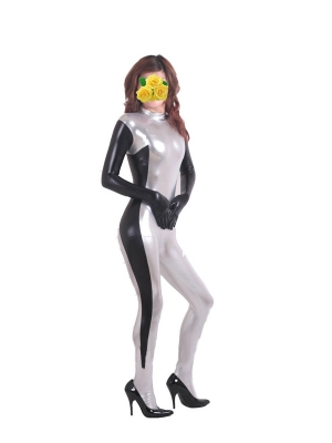 Silver And Black Shiny Metallic Zentai Catsuit