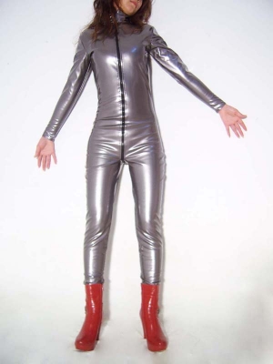 Silver Shiny Metallic Front Open zentai Unisex Catsuit