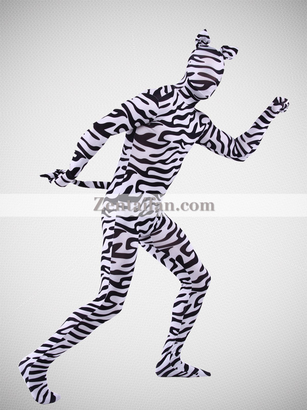 Zebra Lycra Spandex Tailed Zentai